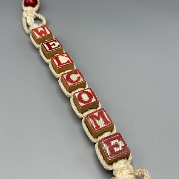 Vintage Macrame Alphabet Blocks WELCOME Door Hanger 3 Brass Bells Handmade 26" - Picture 9 of 11